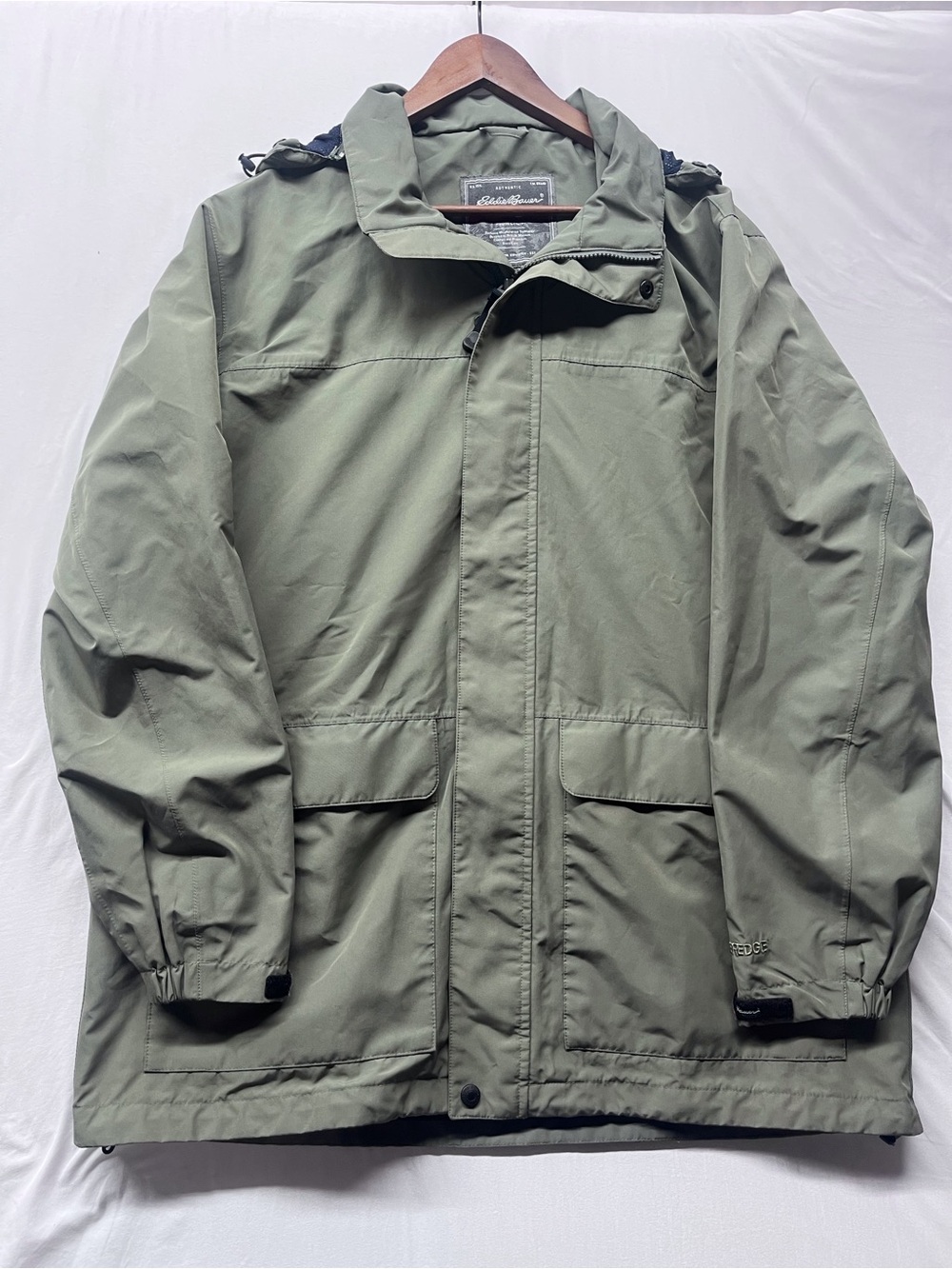 Eddie Bauer WeatherEdge Olive Green Hooded Jacket Rain Shell Utility Coat